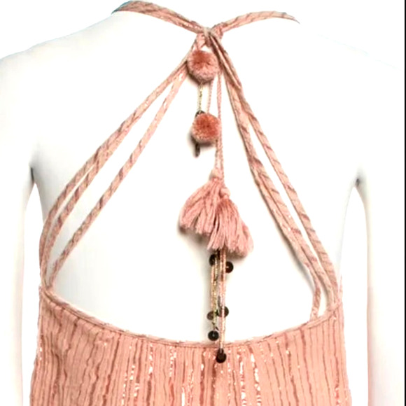 Ulla Johnson S Samara Cotton Low Back Tent Midi Dress Metallic Stripe Peach Pink - Picture 6 of 10